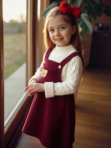 Emery Rose Kids Emery Rose Kids Burgundy Corduroy Pinafore Dress For Toddler Girls Sleeveless Round Neck Short Design With Cute Bear Detail Baby Girl Fall Winter Outfit - Burgundy - View 8