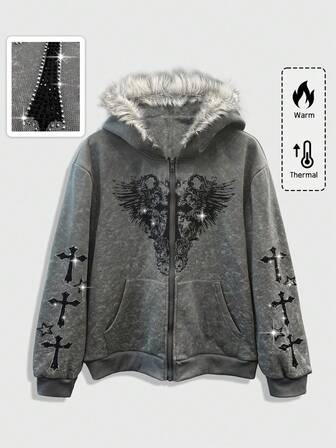 Goth Sudadera con capucha casual de hombre con estampado de cruz y alas con rhinestones, otoño