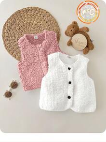 SHEIN Baby Girl 2pcs/Set Cute & Versatile Fluffy Solid Color Sleeveless Jacket Vest, Casual Suitable For Outings And Play, Autumn/Winter