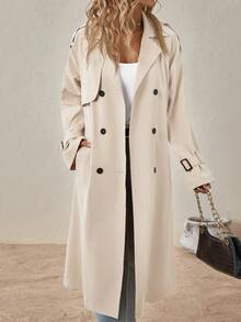 SHEIN Clasi Women's Solid Color Distressed Collar Long Sleeve Casual Long Windbreaker In Fall/Winter