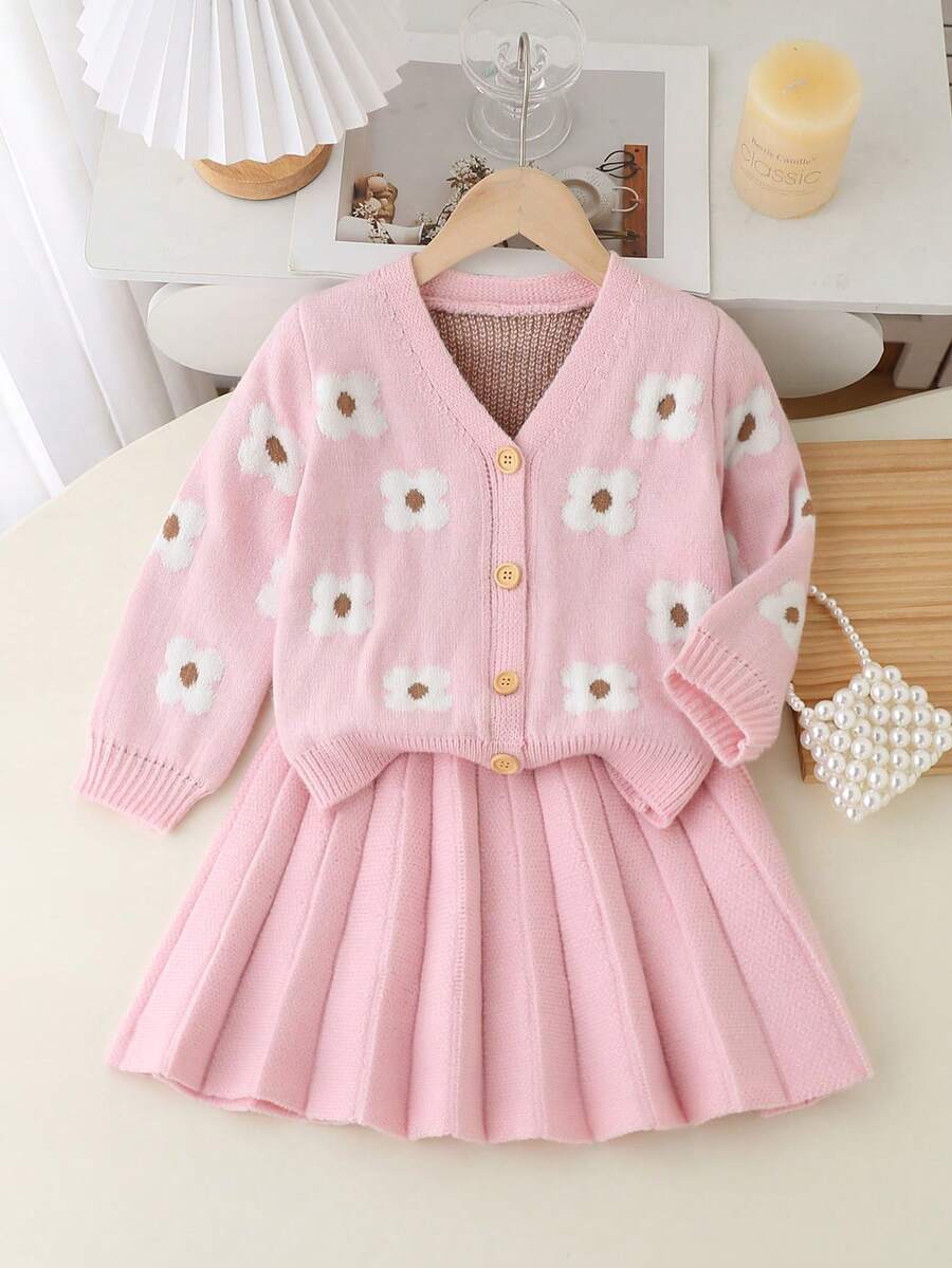 SHEIN 女童毛衣连衣裙两件套,可爱碎花针织开衫和半身裙套装,春秋季 - 粉色 - 查看 1