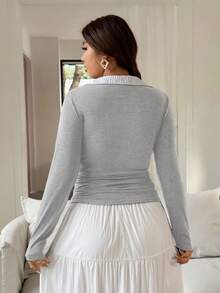 Vionelle Plus Size Women French Style Casual Patchwork Long Sleeve T-Shirt Cute Long Sleeve Top Women Long Sleeve Tops Light Grey Top Gray Tops Grey 2 Piece Set Gray Long Sleeve Top Summer Long Sleeve Tops - Light Grey - View 2