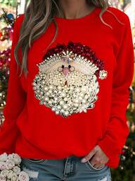 DrmWander Plus Size Santa Claus Print Red Crew Neck Long Sleeve Pullover T-Shirt