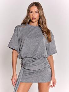 MUSERA Loose Fit Square Shoulder Fitted Drape Ring Detail Dress Streetwear Cute Classy Casual Sexy Going Out Fall Autumn