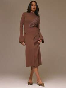 MUSERA Ruched Panel Flare Long Sleeve High Neck Wrap Panel Midi Dress Cool Girl, Going Out, Cute, , , Winter - Maroon - View 1