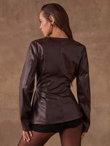 SHEIN BAE Women's Elegant Dark Brown PU Leather Jacket,Autumn Long-Sleeve V-Neck Belted Solid-Color Fashion Jacket For Night Out - Coffee Brown - View 2