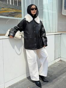 DAZY 女士秋冬仿羊羔绒领单排扣夹克，PU皮革工装绗缝外套，简约时尚 - 黑色 - 查看 2