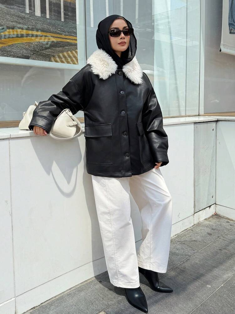 Women's Autumn/Winter Faux Shearling Collar Single-Breasted Jacket, PU Leather Workwear Padded Coat Modest Fashion