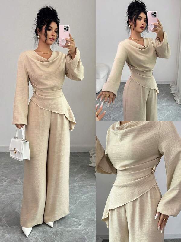 Elenzga 25+ Women's Elegant Ruffle Shoulder Long Sleeve Cinched Waist Khaki Pleated Detail Regular Length Khaki Blouse & Pants Suit, Party Wear, Winter