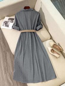 Franclia 女士条纹袖口单排扣休闲口袋衬衫裙 - 黑與白 - 查看 2