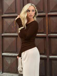 Jeta Ari Asymmetrical Hem Long Sleeve Solid Color T-Shirt Top , Minimalist Fashion For Casual Daily Wear Basic Long Sleeve Topslong Sleeve Black Topwomen Long Sleeve Topsblack Top Long Sleeve Coffee Brown Top