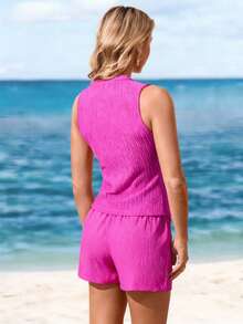 Sylviya 女士纯色圆领修身休闲背心 - 玫紅色 - 查看 2