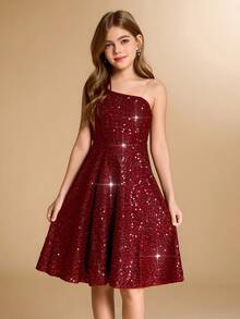 Elegant Flower Girl Dress For Graduation, Wedding, Ball, Suitable For Halloween, Christmas, Burgundy Sequin Velvet Spaghetti Strap Maxi Dress For Tween Girls, Fashion Tulle Princess Dress For Back To School