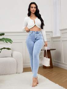 SHEIN SXY 女式纯色休闲牛仔裤 - 藍色 - 查看 6