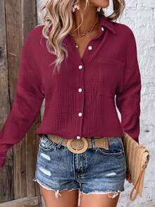 EMERY ROSE Women's Casual Solid Color Button-Up Long Sleeve Shirt - Burgundy - View 3