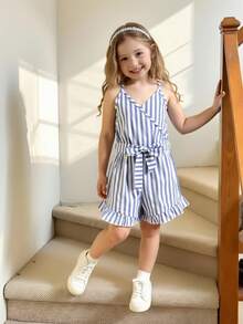 SHEIN Young Girl' Fresh Vertical Stripe Sleeveless Jumpsuit