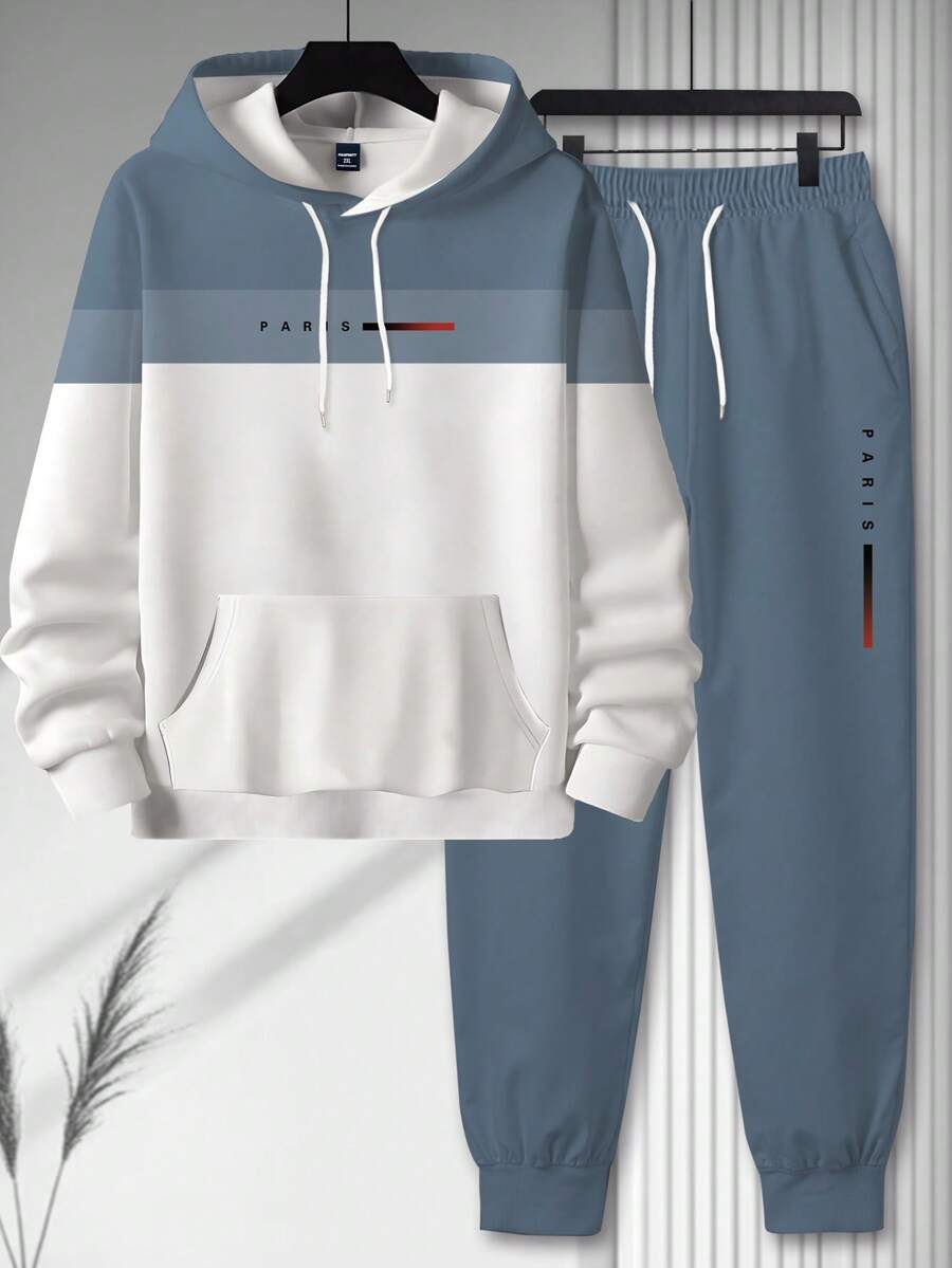 Manfinity Homme Plus Size Men's Casual Hoodie Set, Contrast Color Block Drawstring Hoodie And Pants 2 Piece Outfit, Suitable For Daily Wear, Autumn/Winter Sweatsuit - Multicolor - View 1