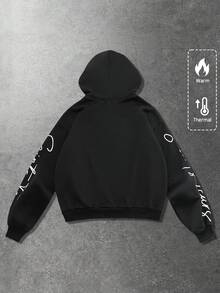 ROMWE MEN Street Life 男士连帽卫衣，休闲街头风，流行美式眼睛图案印花短款连帽衫，秋冬季长袖上衣 - 黑色 - 查看 2