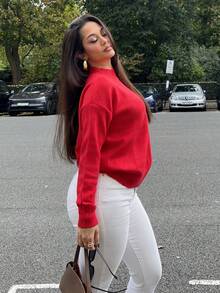 NegzBox Christmas & Autumn/Winter Holiday New Casual Solid Color Drop Shoulder Stand Collar Sweater, Versatile For Wearing Alone Or Layering, Suitable For Various Occasions And Seasons - Red - View 6