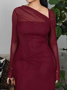 Melissa Matos 勃艮第红色女士纯色不对称领长袖连衣裙，优雅长款晚礼服 - 酒紅色 - 查看 4