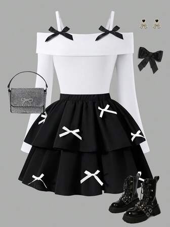 SHEIN Sweetra Young Teenage Girls' Fashion Elegant T-Shirt Set, White Knit Top Paired With Black Woven Cake Skirt, Top Decorated With Black Bow, Skirt With Pearl Embellishment