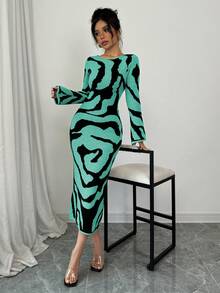 Elenzga Women's Pattern Flared Sleeve Round Neck Fitted Knit Dress - Mint Green - View 1