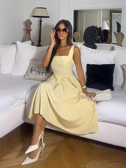 Ronhire Abito a-line con scollatura quadrata, vita stretta e maniche a farfalla, di colore giallo