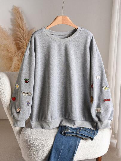 CosyJoli 大码休闲圆领套头卫衣，印花图案，长袖