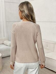 SHEIN LUNE Apricot Lace Patchwork Textured Women Long Sleeve T-Shirt - Apricot - View 4