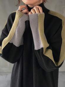 FRIFUL 女士撞色半高领落肩长袖宽松休闲百搭毛衣连衣裙，秋冬款 - 黑色 - 查看 1