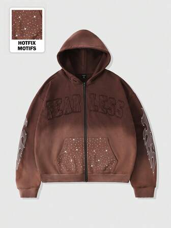 Street Life Herren Sweatshirt mit funkelnder Diamant-Stickerei, verwaschen und offen, locker geschnitten und kurz