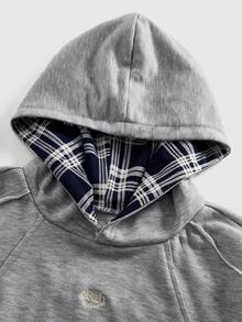 ROMWE MEN Prep Men's Casual Plaid Patchwork Hoodie Sweatshirt, Autumn, Long Sleeve Top - Grey - View 3