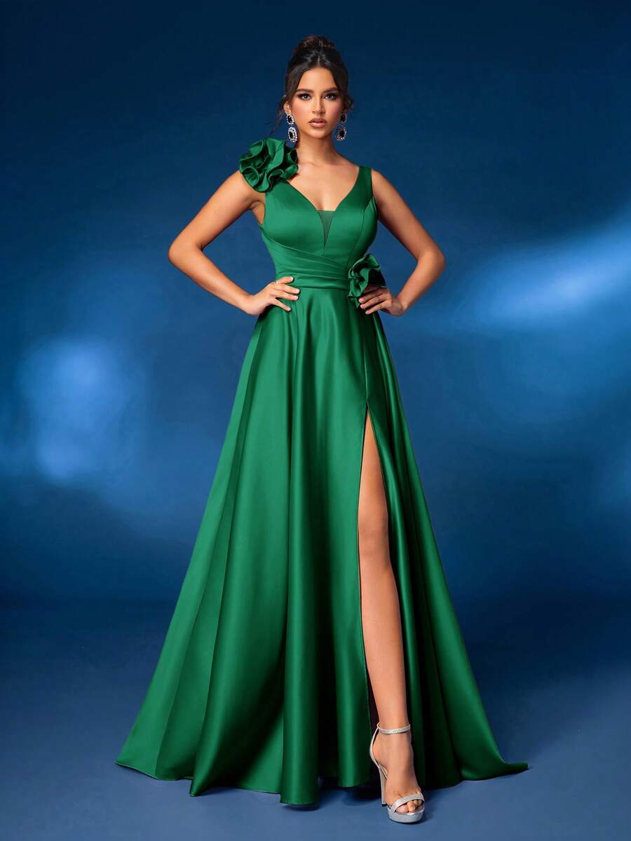 Glamrae 女士优雅豪华 V 领莲花粉色 3D 花卉装饰高开叉 A 字裙，带拖尾，正式派对晚礼服，舞会礼服，适合婚礼嘉宾、毕业典礼、晚宴