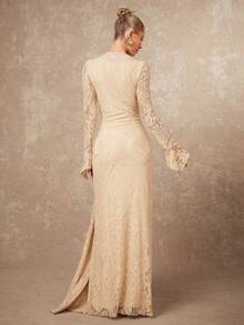 Lumalex 女式优雅性感杏色蕾丝深 V 领喇叭袖扭结装饰修身长袖连衣裙，春秋 - 杏色 - 查看 5