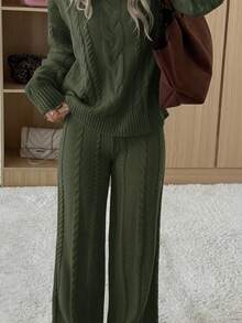 SHEIN EZwear Bộ 2 món áo len dài tay cổ tròn màu xanh ô liu trơn kèm quần dài cỡ lớn, thu đông - xanh quân đội - Xem 5