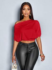 SOLERSUN Camiseta de mujer con cuello asimétrico y hombros fruncidos - Rojo - Ver 4