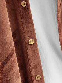 Manfinity NXTstreet 男士休闲百搭纯色丝绒衬衫，秋季红白配色，长袖上衣 - 棕色 - 查看 6