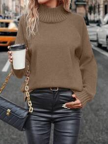 EMERY ROSE Women's Solid Color Turtleneck Raglan Sleeve Casual Loose Pullover Sweater, Autumn/Winter - Coffee Brown - View 5