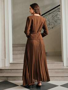 Anewsta Women's Elegant Long Sleeve Belted Pleated Maxi Dress - Coffee Brown - View 3