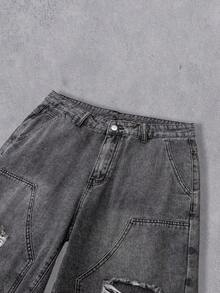 Manfinity Denimwave Men's Plain Frayed Edge Pocket Ripped Fashionable Denim Shorts Ripped Denim Shorts Men - Light Grey - View 4