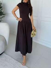 Milla Jasmine 女式纯色立领泡泡袖褶皱长款休闲连衣裙，夏季 - 棕色 - 查看 4