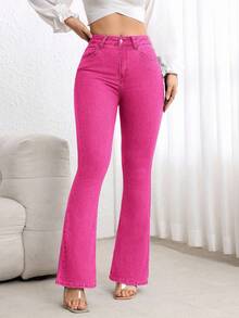 Flexra Women's Casual Everyday Washed Slim Fit Flare Jeans - Pink - View 9