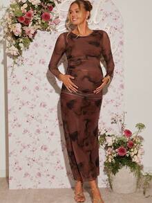 Loomaby Pregnant Women's Tie-Dye Print Round Neck Long Sleeve Ruched Fitted Elegant Dress Brown Maternity Dress Pregnant Dress Long Brown Dress Pregnancy Photoshoot Dress Brown Elegant Dress Women  Dress Gender Reveal Dress Maternity Dress Baby Shower Dress Maternity Long Dress - Brown - View 1