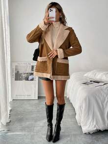 SHEIN LUNE Áo khoác ấm áp bằng vải nỉ Teddy chắp vá màu tương phản thời trang thu đông cho nữ, lót da lộn giả - màu nâu - Xem 3