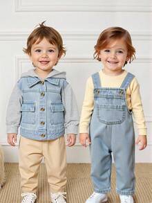 Playful Pals Baby Boys' Denim Jacket And Adjustable Strap Jeans Set, Casual Lightweight Washed Denim Outfit With Hoodie, Pockets, Button Decoration, Soft Cotton Fabric, Suitable For Everyday, Party, School, Autumn/Winter - Light Wash - View 3