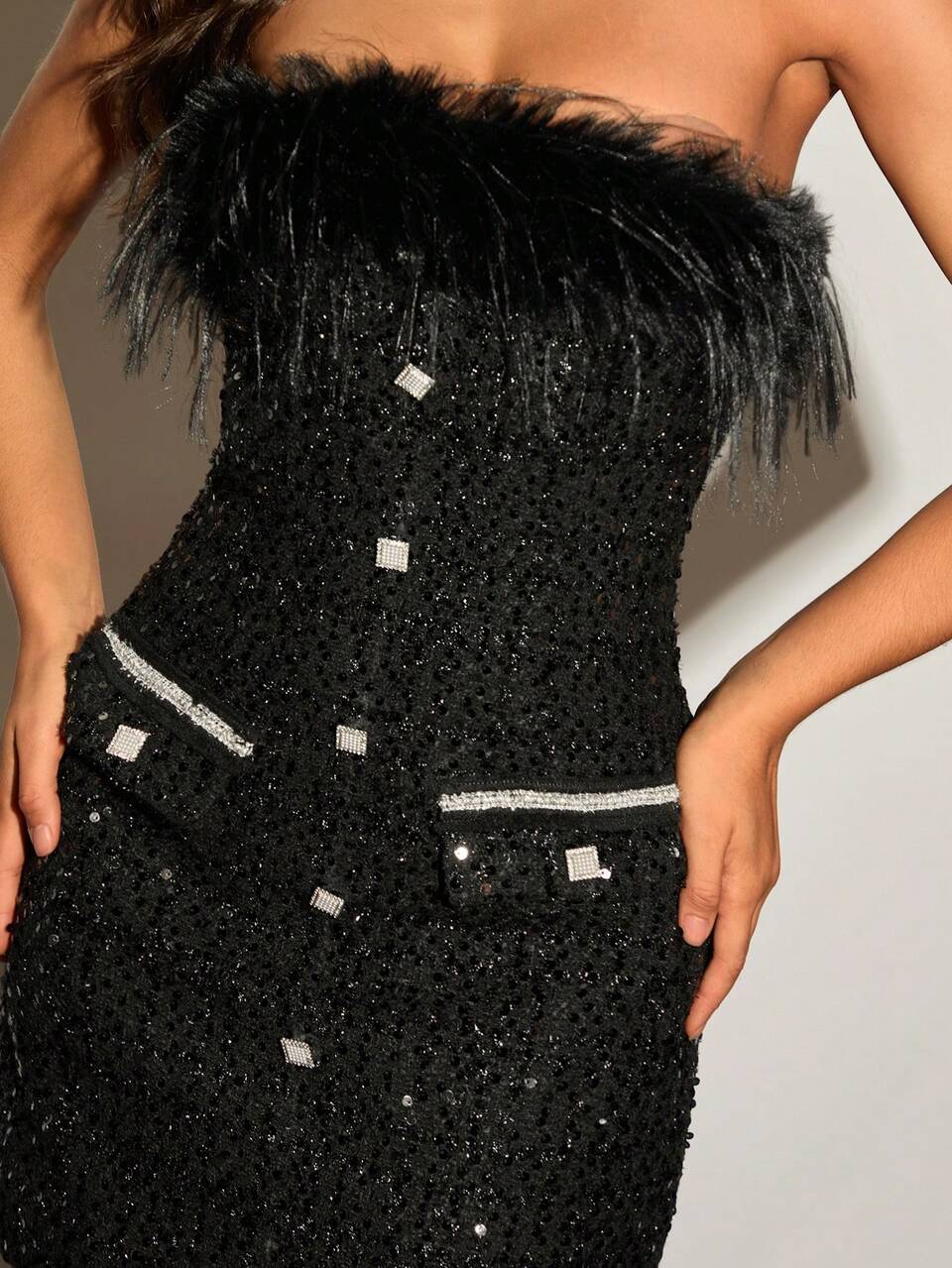 Enchnt Women's Black Sequined Tweed Elegant Party Furry Decor Bandeau Mini Dress,Chic&Elegant For Night Out,Summer Birthday,Christmas New Year Tube Top Dress
