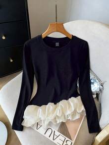 GlowEve Women's Autumn/Winter Knitted Elastic Round Neck Asymmetric Peplum Hem Colorblock Casual T-Shirt - Black and White - View 6