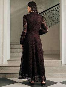 Anewsta Women's Elegant Solid Color Lace Dress, Autumn - Brown - View 2