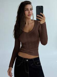 Aloruh 新款时尚深 V 领长袖修身复古麻花针织简约套头毛衣，秋冬百搭外套 - 棕色 - 查看 7