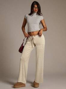 Aloruh Women's Apricot Striped Low-Waist Pants, Autumn/Winter - Apricot - View 5